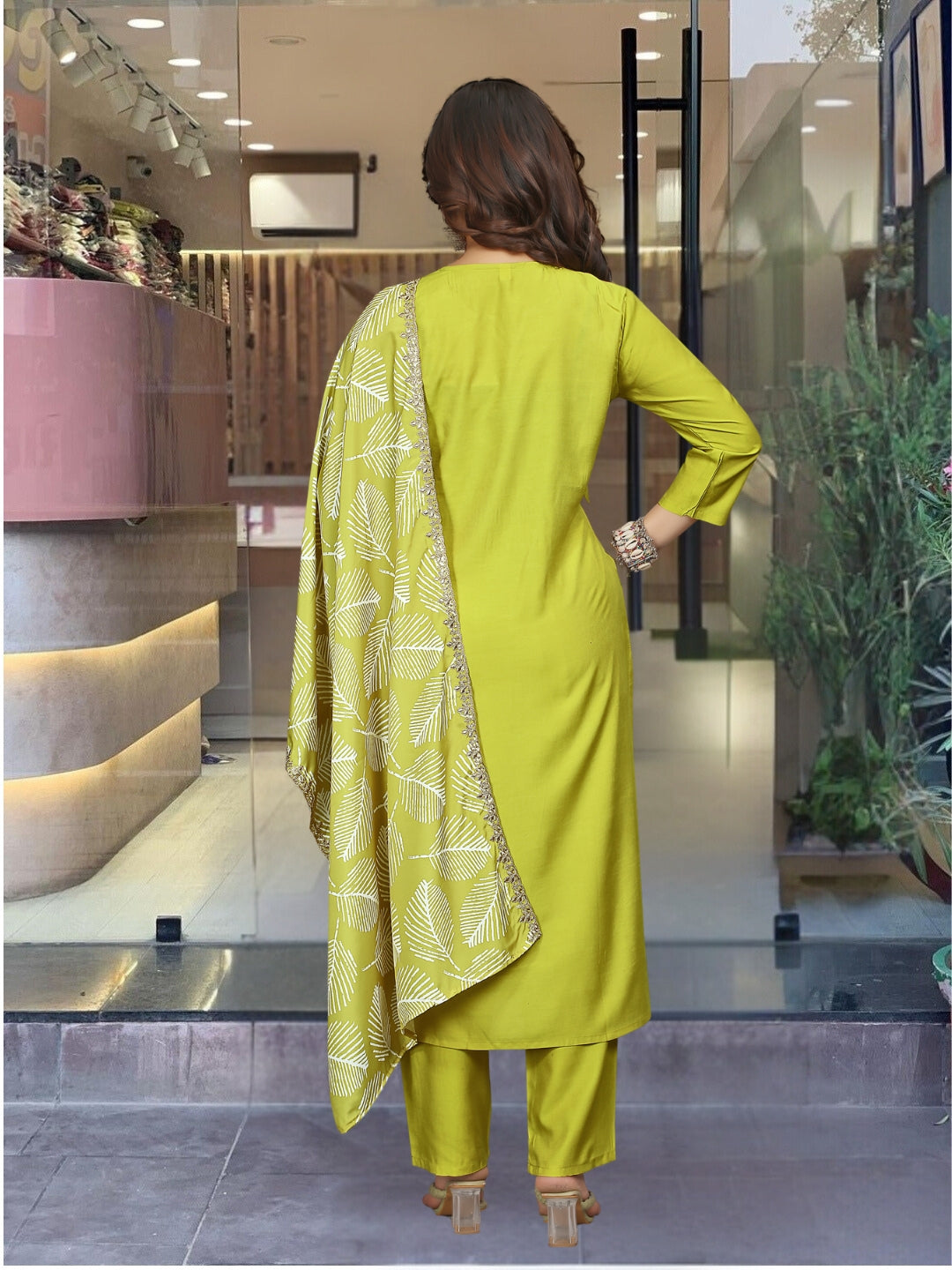 Lemon Color Viscose Embroidery Straight Kurti With Viscose Pant And French Crepe Embroidery Laced Dupatta Set
