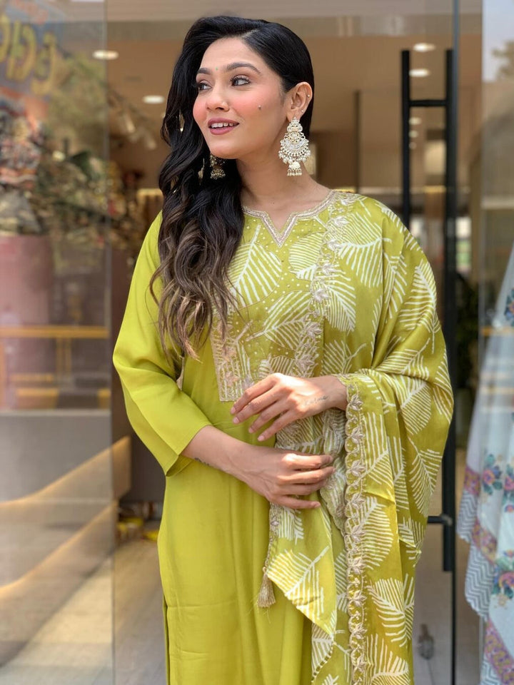 Lemon Color Viscose Embroidery Straight Kurti With Viscose Pant And French Crepe Embroidery Laced Dupatta Set