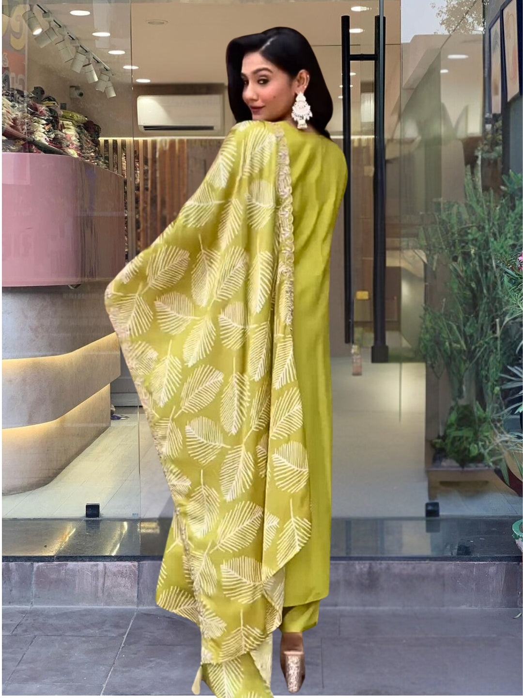 Lemon Color Viscose Embroidery Straight Kurti With Viscose Pant And French Crepe Embroidery Laced Dupatta Set