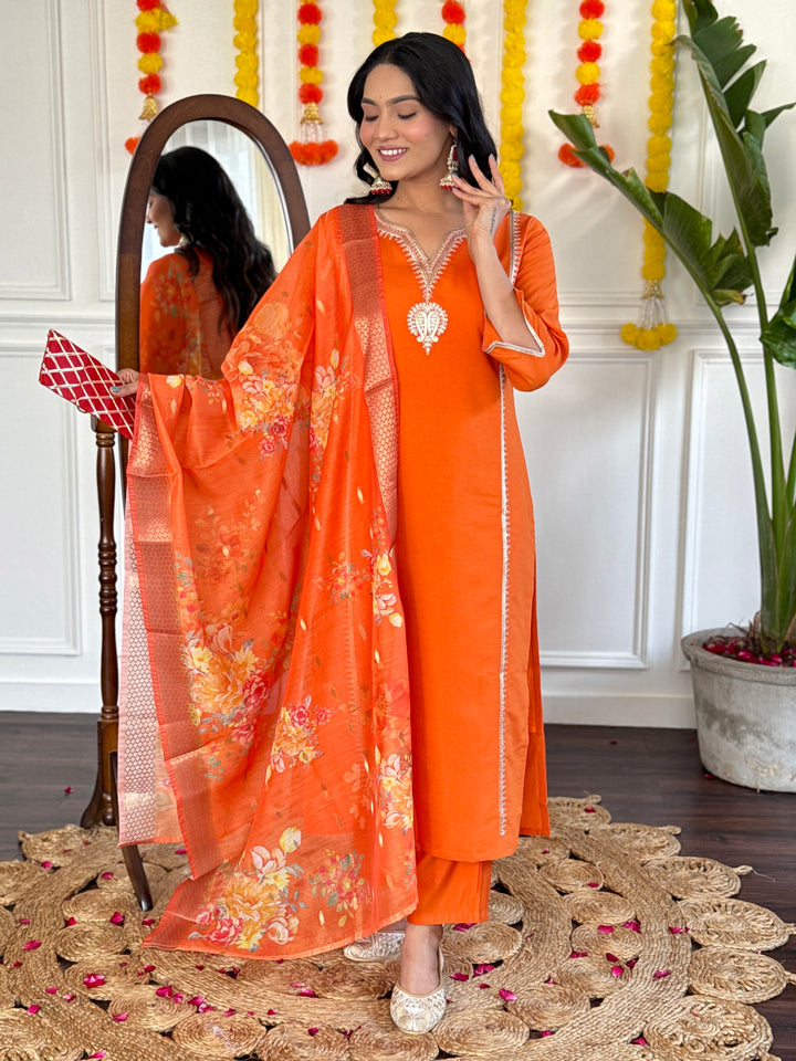 Orange Color Viscose Chanderi with Lining Embroidered Kurti With Viscose Chanderi Pant And Jacquard Silk Printed Dupatta Sets