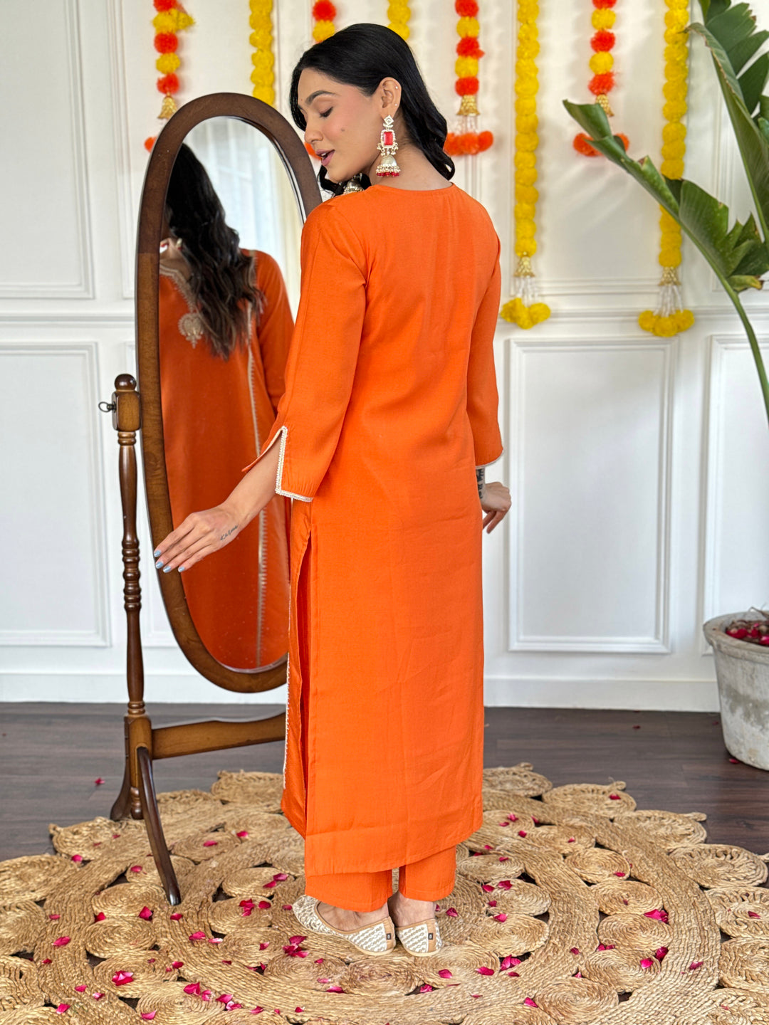 Orange Color Viscose Chanderi with Lining Embroidered Kurti With Viscose Chanderi Pant And Jacquard Silk Printed Dupatta Sets