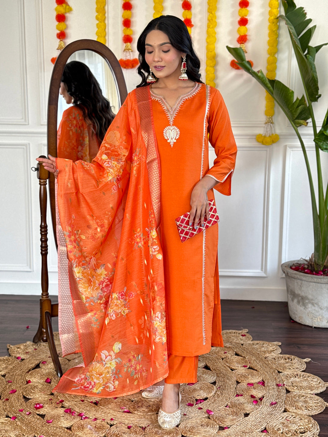 Orange Color Viscose Chanderi with Lining Embroidered Kurti With Viscose Chanderi Pant And Jacquard Silk Printed Dupatta Sets