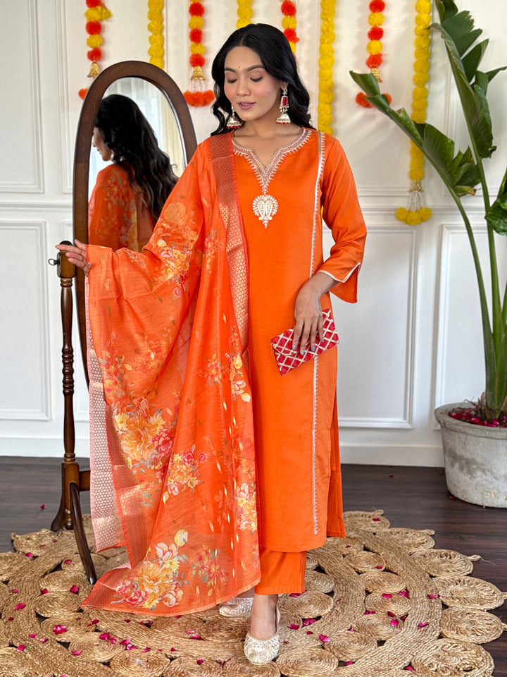 Orange Color Viscose Chanderi with Lining Embroidered Kurti With Viscose Chanderi Pant And Jacquard Silk Printed Dupatta Sets