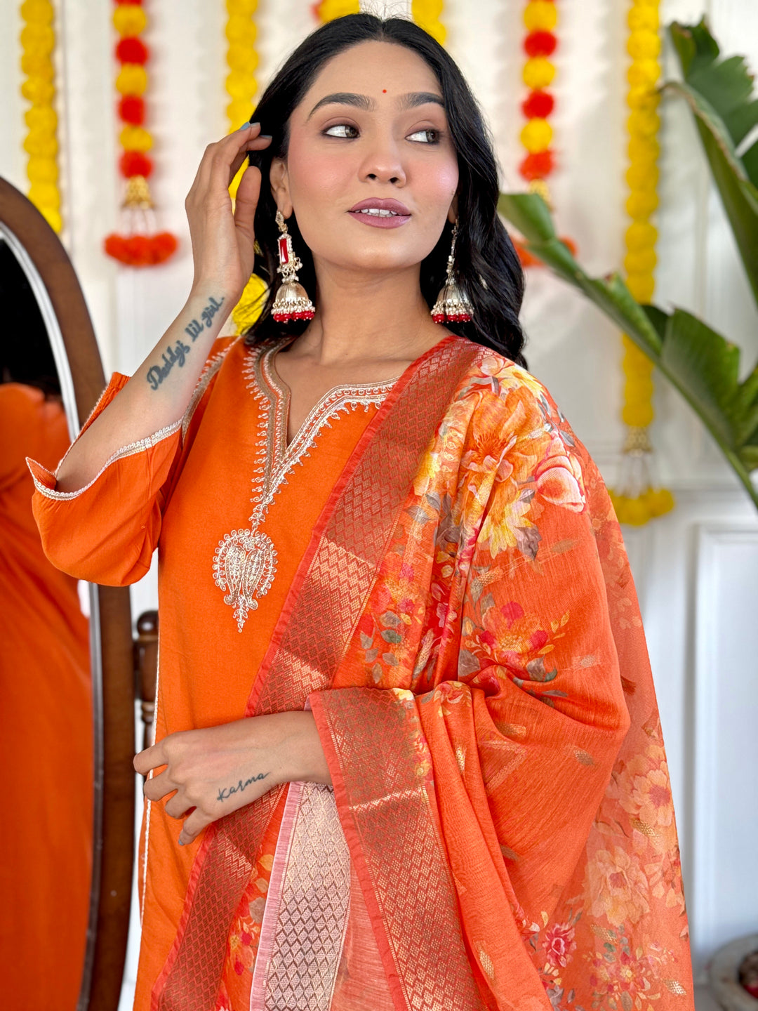 Orange Color Viscose Chanderi with Lining Embroidered Kurti With Viscose Chanderi Pant And Jacquard Silk Printed Dupatta Sets