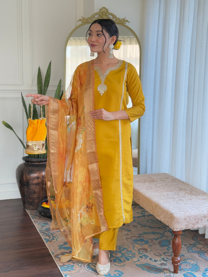 Yellow Color Viscose Chanderi with Lining Embroidered Kurti With Viscose Chanderi Pant And Jacquard Silk Printed Dupatta Set