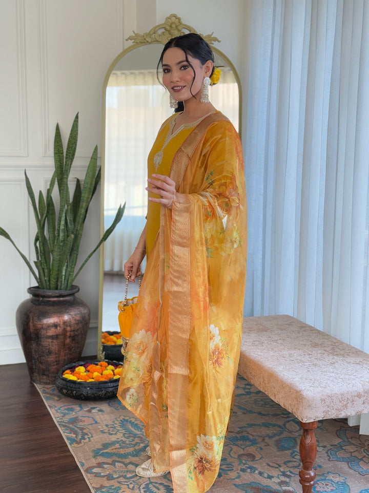 Yellow Color Viscose Chanderi with Lining Embroidered Kurti With Viscose Chanderi Pant And Jacquard Silk Printed Dupatta Set
