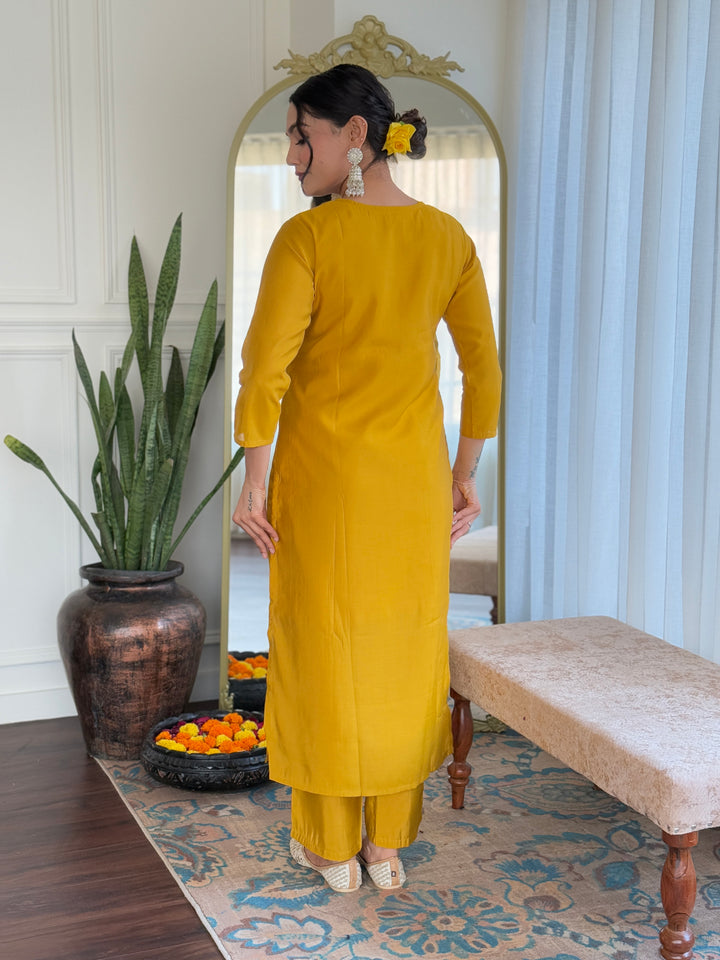 Yellow Color Viscose Chanderi with Lining Embroidered Kurti With Viscose Chanderi Pant And Jacquard Silk Printed Dupatta Set