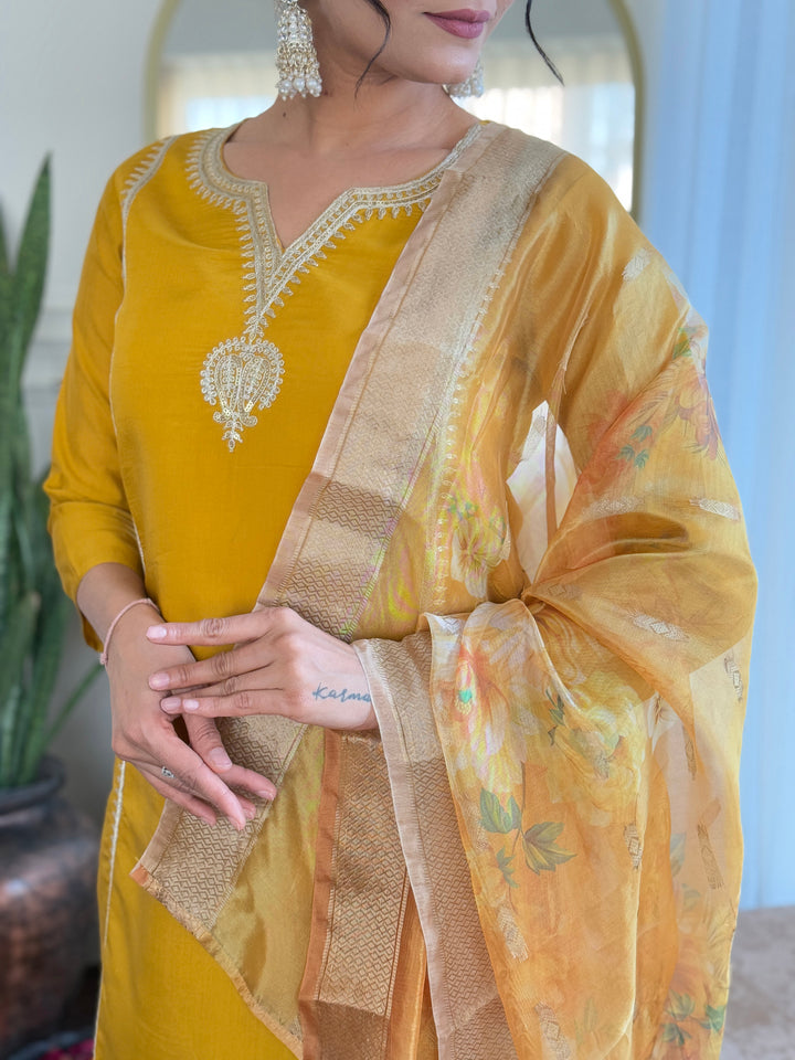 Yellow Color Viscose Chanderi with Lining Embroidered Kurti With Viscose Chanderi Pant And Jacquard Silk Printed Dupatta Set