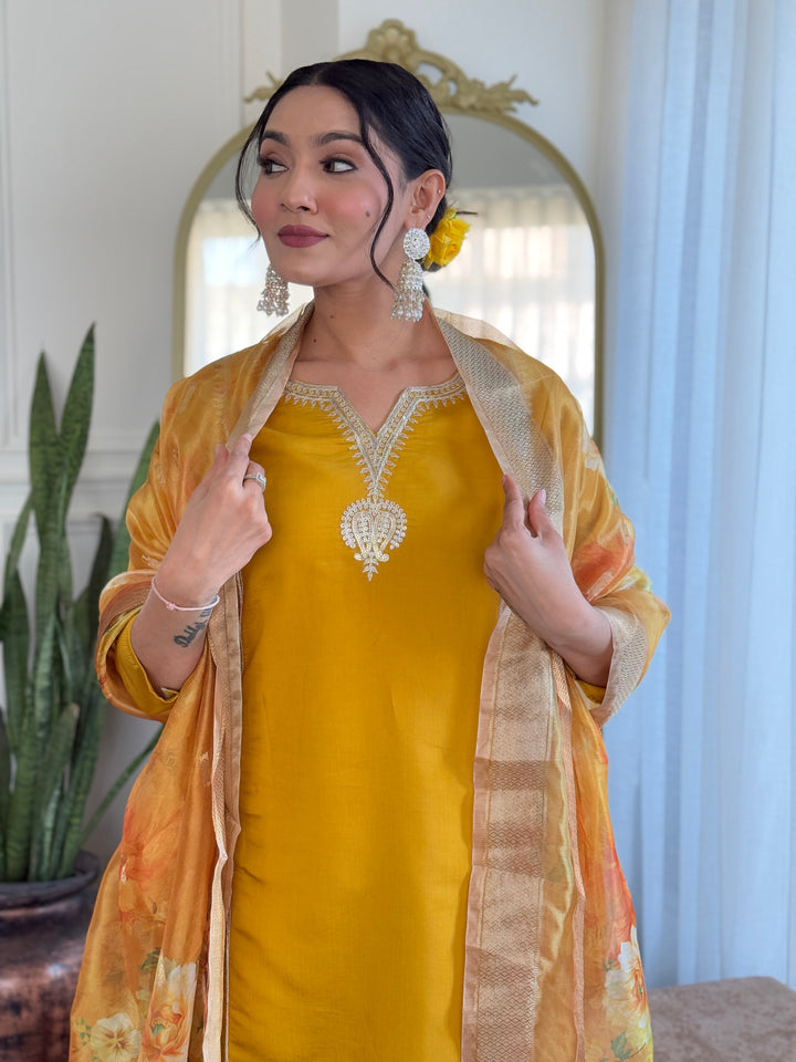 Yellow Color Viscose Chanderi with Lining Embroidered Kurti With Viscose Chanderi Pant And Jacquard Silk Printed Dupatta Set