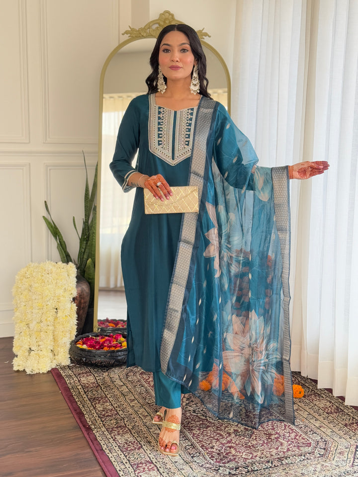 Teal Color BSY Viscose Embroidered Kurti With BSY Viscose Pant And Silk Organza Dupatta Set