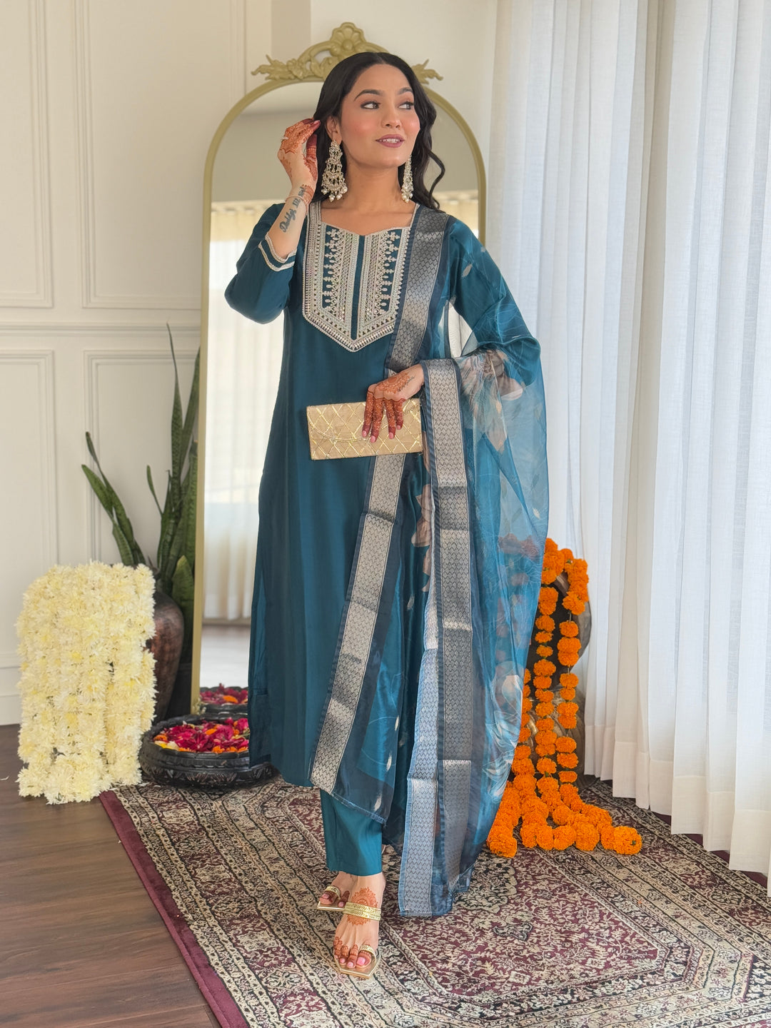 Teal Color BSY Viscose Embroidered Kurti With BSY Viscose Pant And Silk Organza Dupatta Set