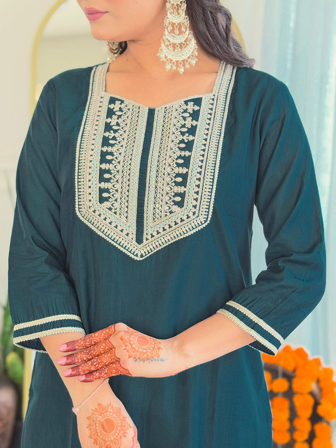 Teal Color BSY Viscose Embroidered Kurti With BSY Viscose Pant And Silk Organza Dupatta Set
