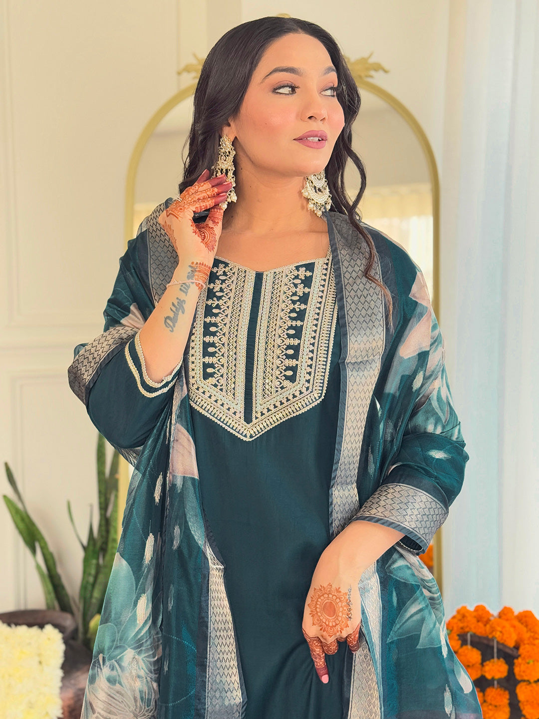 Teal Color BSY Viscose Embroidered Kurti With BSY Viscose Pant And Silk Organza Dupatta Set