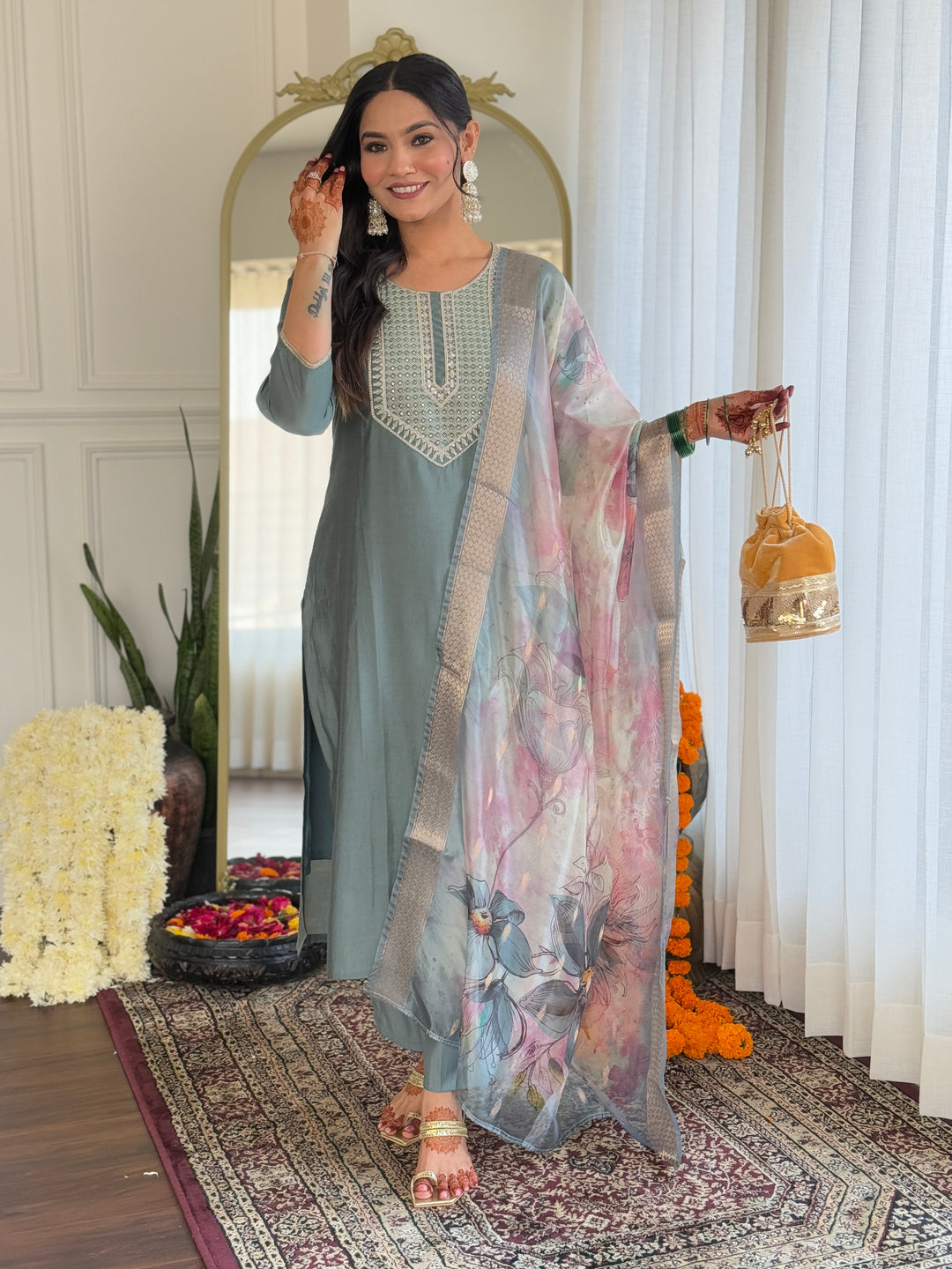 Gray Color BSY Viscose Embroidered Kurti With BSY Viscose Pant And Silk Organza Dupatta Set