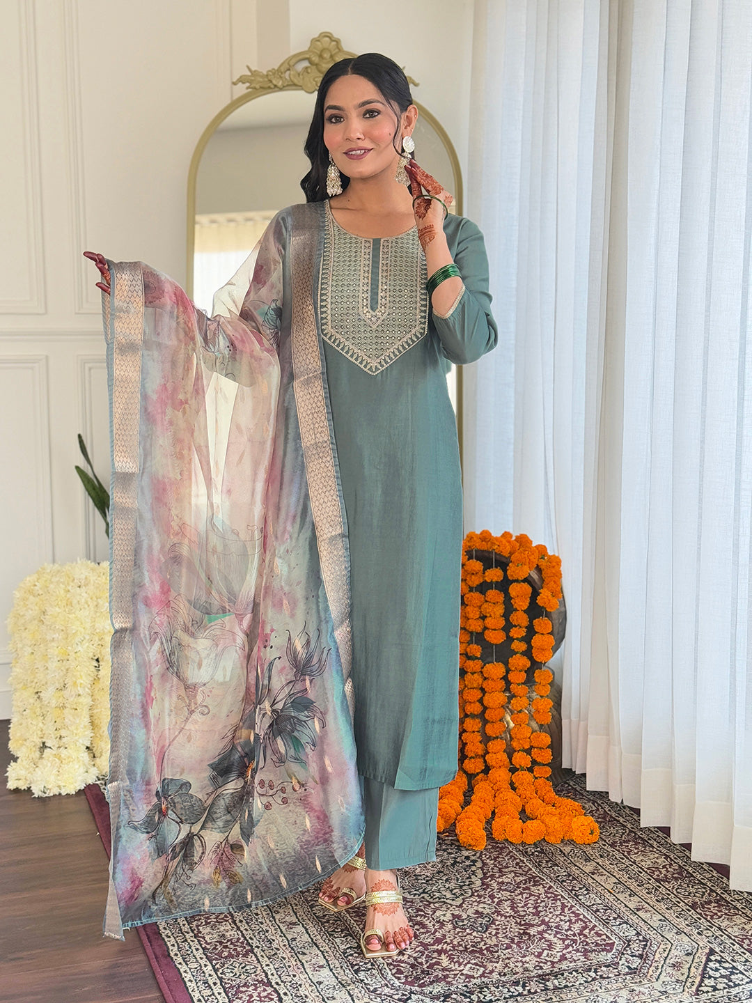 Gray Color BSY Viscose Embroidered Kurti With BSY Viscose Pant And Silk Organza Dupatta Set