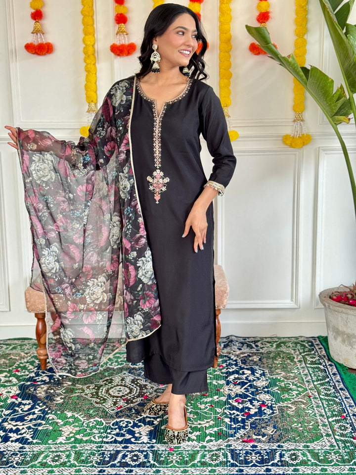 Black Color Rayon Slub Embroidered Kurti With Rayon Slub  Pant And Silk Printed Dupatta Set