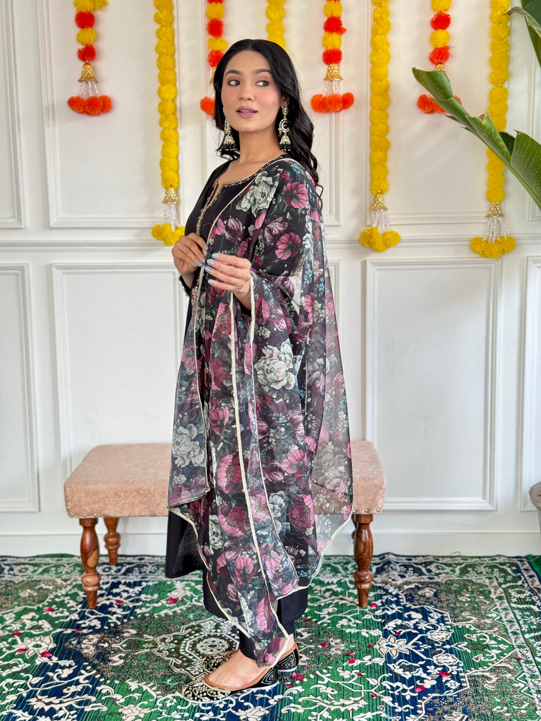 Black Color Rayon Slub Embroidered Kurti With Rayon Slub  Pant And Silk Printed Dupatta Set