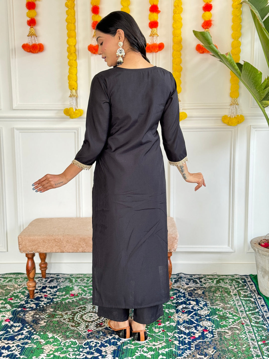 Black Color Rayon Slub Embroidered Kurti With Rayon Slub  Pant And Silk Printed Dupatta Set