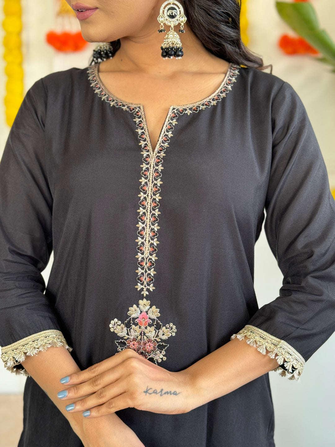 Black Color Rayon Slub Embroidered Kurti With Rayon Slub  Pant And Silk Printed Dupatta Set