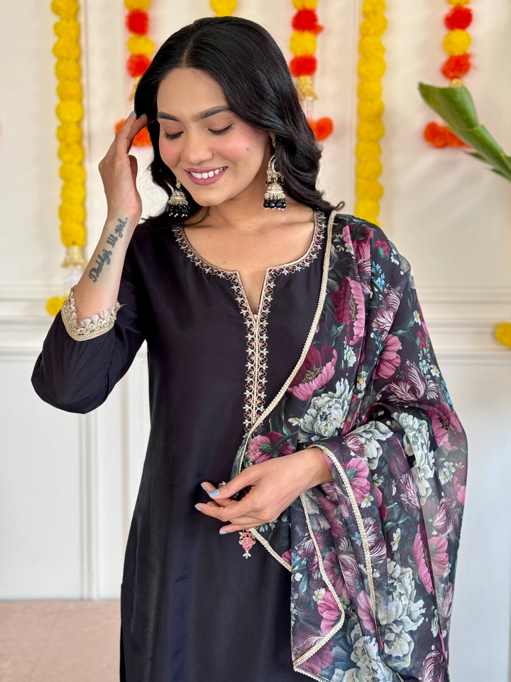 Black Color Rayon Slub Embroidered Kurti With Rayon Slub  Pant And Silk Printed Dupatta Set