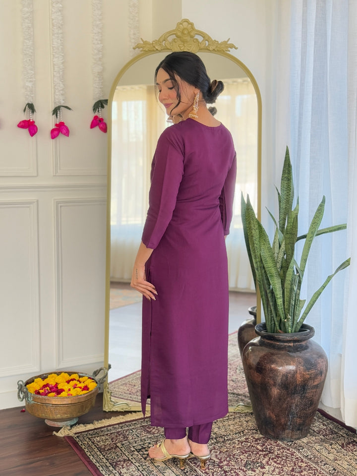 Purple Color Viscose Chanderi Embroidered Kurta with Pant And Dupatta Sets