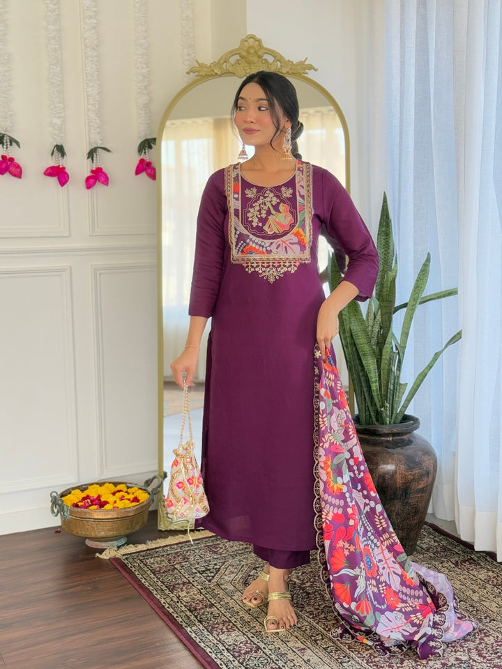 Purple Color Viscose Chanderi Embroidered Kurta with Pant And Dupatta Sets