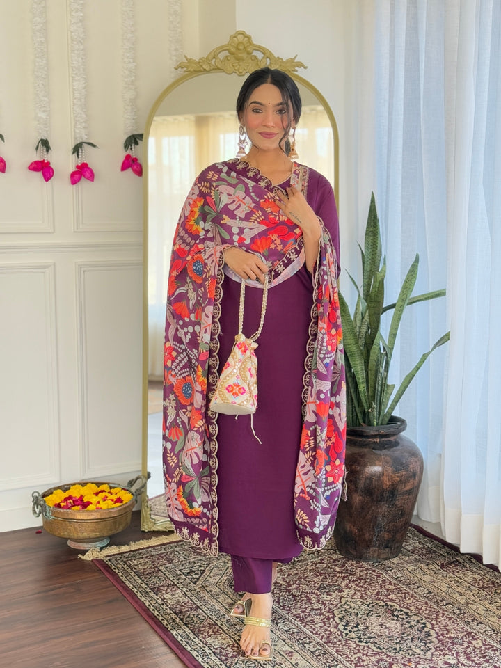 Purple Color Viscose Chanderi Embroidered Kurta with Pant And Dupatta Sets