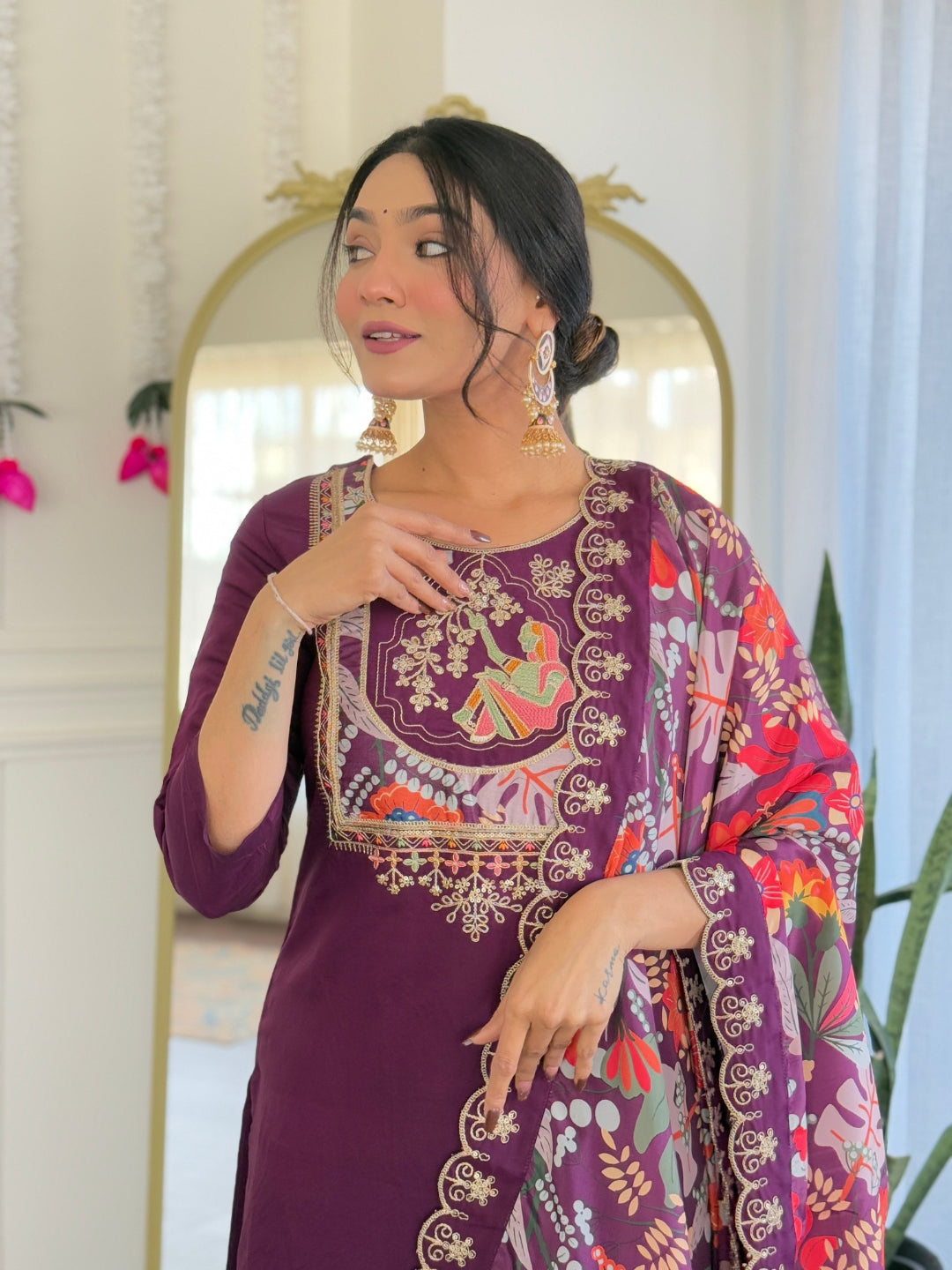 Purple Color Viscose Chanderi Embroidered Kurta with Pant And Dupatta Sets
