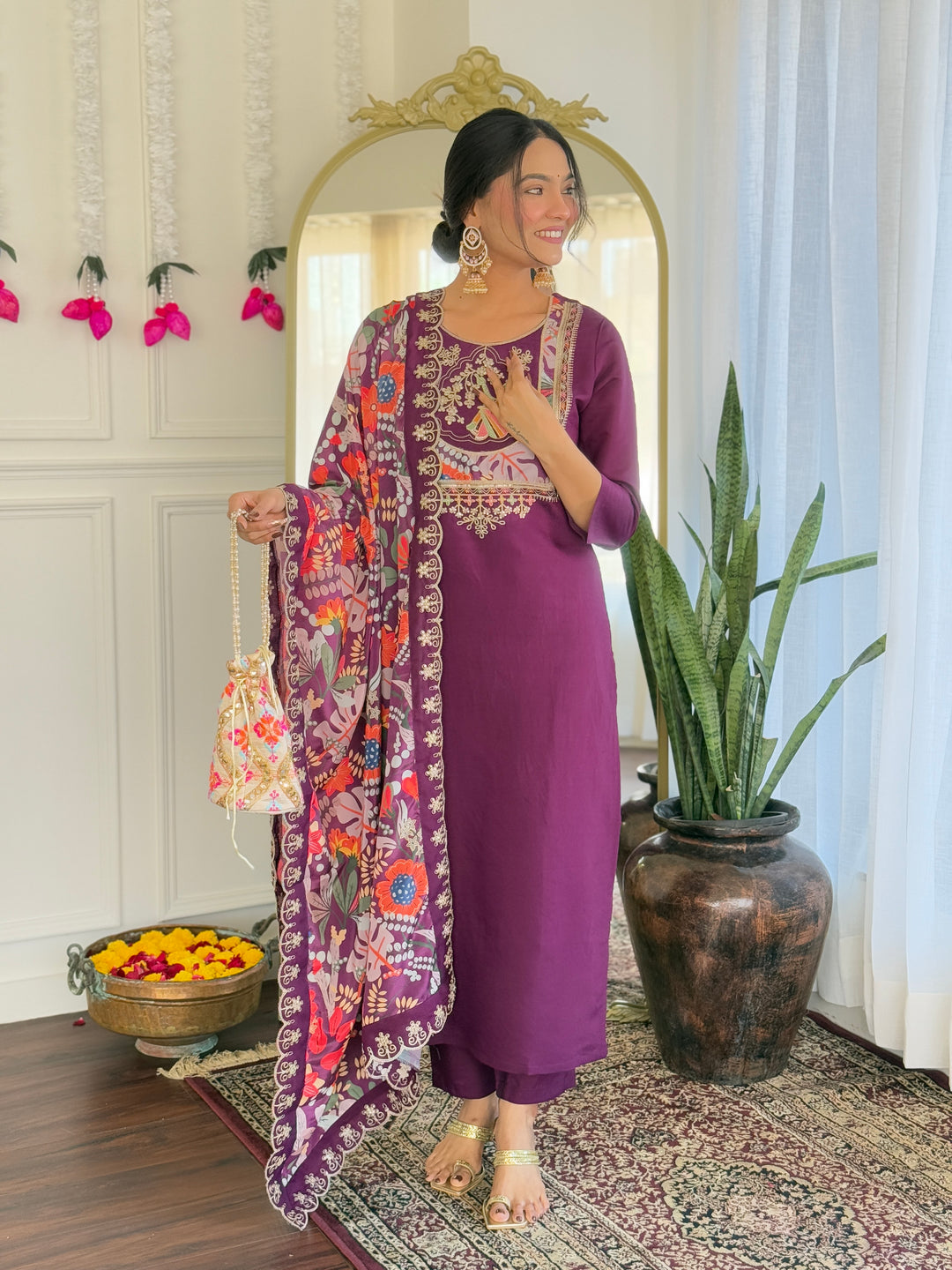 Purple Color Viscose Chanderi Embroidered Kurta with Pant And Dupatta Sets