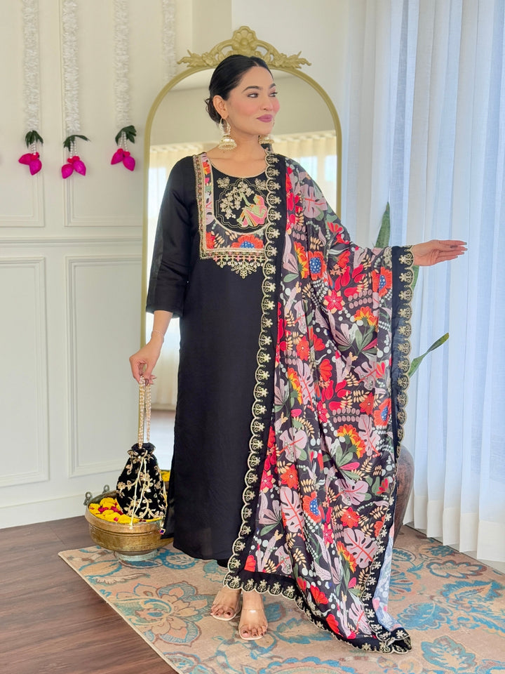 Black Color Viscose Chanderi Embroidered Kurta with Pant And Dupatta Sets