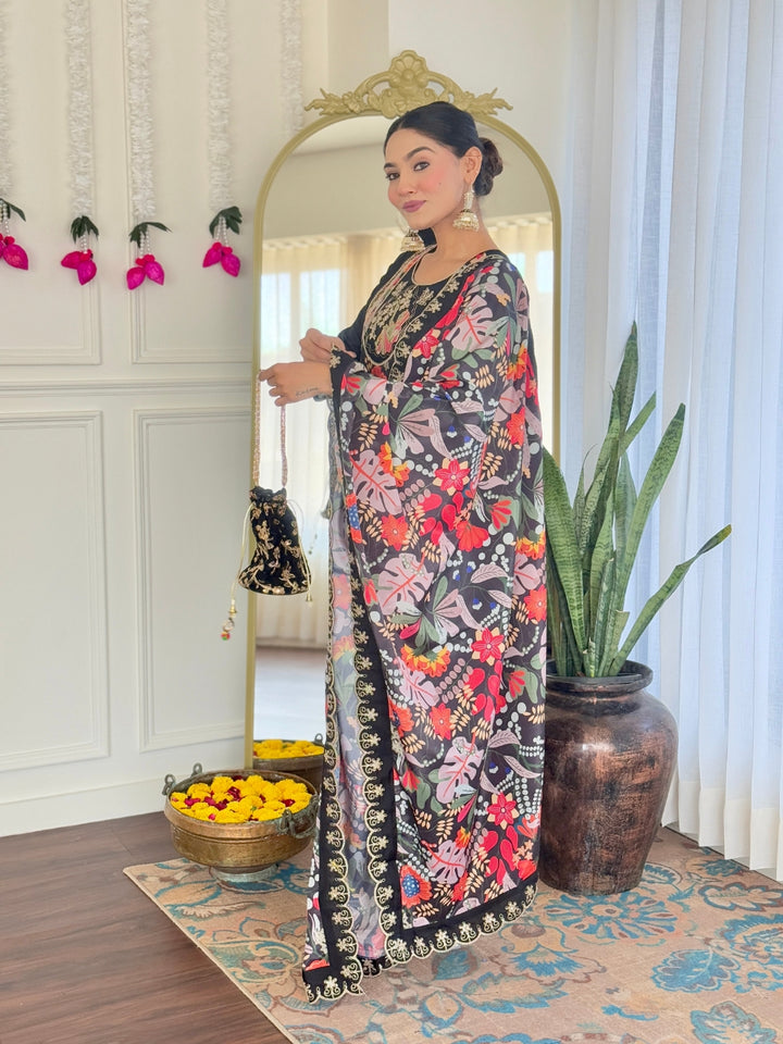 Black Color Viscose Chanderi Embroidered Kurta with Pant And Dupatta Sets
