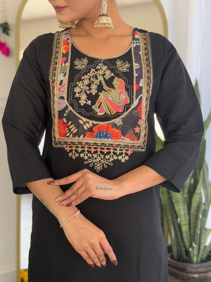 Black Color Viscose Chanderi Embroidered Kurta with Pant And Dupatta Sets