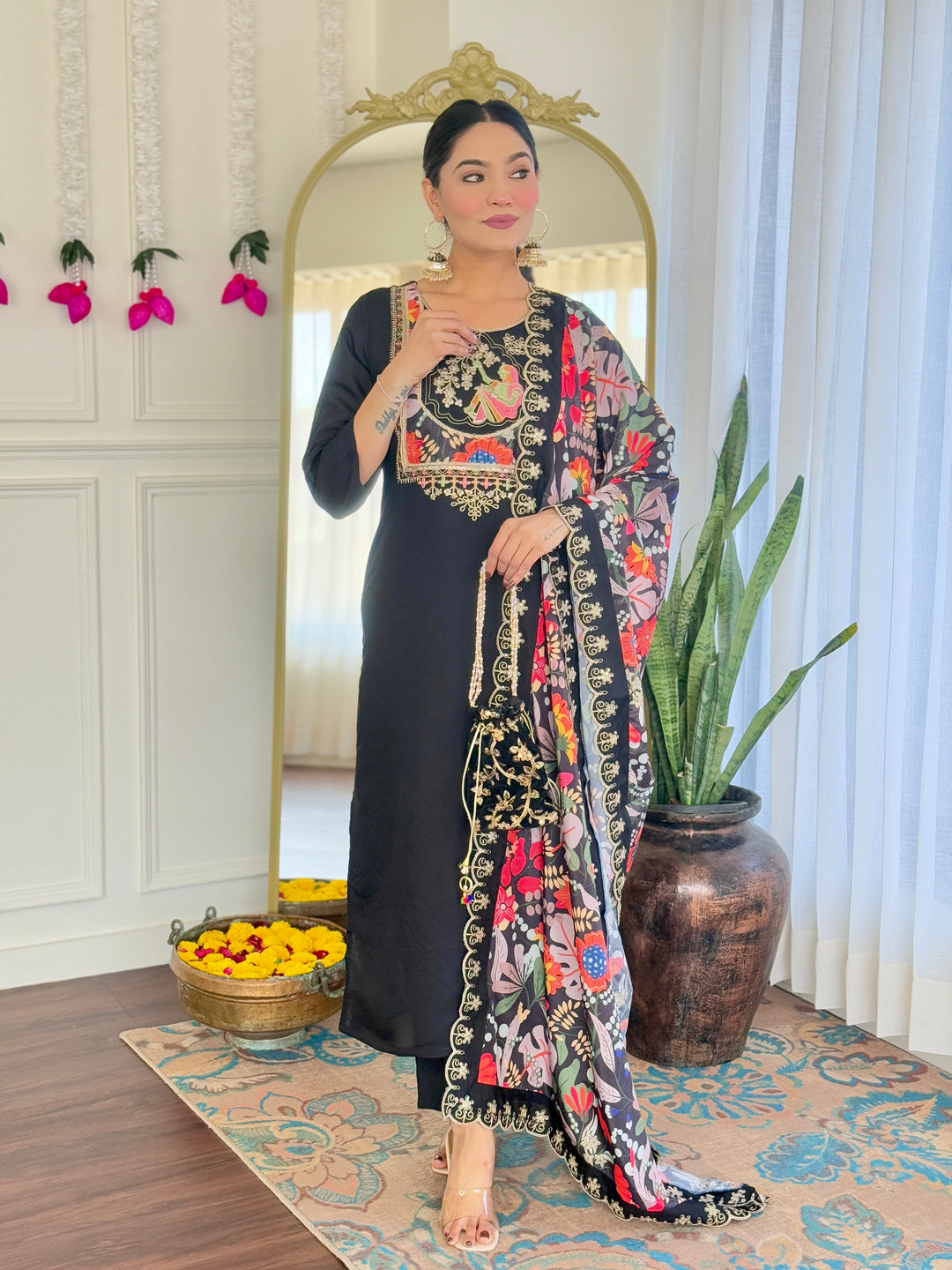 Black Color Viscose Chanderi Embroidered Kurta with Pant And Dupatta Sets