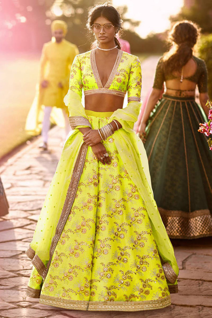 Neon-Green Color Thai Silk With Zari And Sequins Embroiderey Work Lehenga Choli