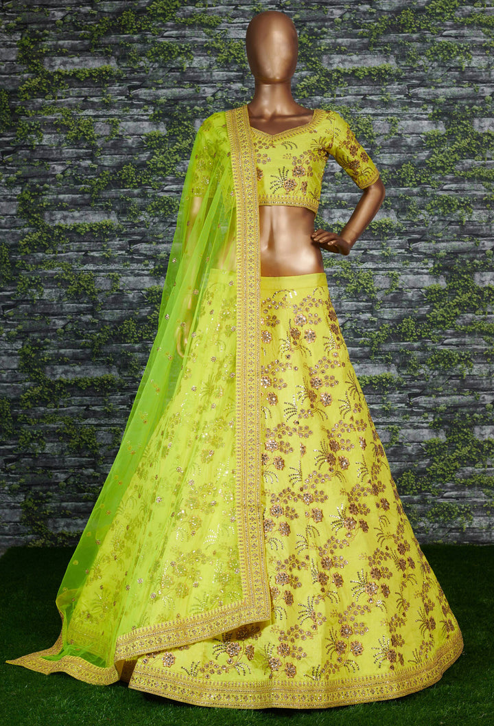 Neon-Green Color Thai Silk With Zari And Sequins Embroiderey Work Lehenga Choli