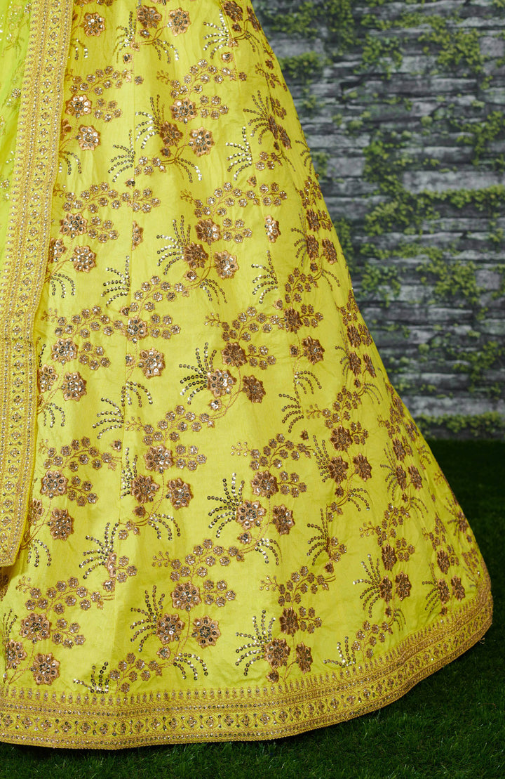 Neon-Green Color Thai Silk With Zari And Sequins Embroiderey Work Lehenga Choli