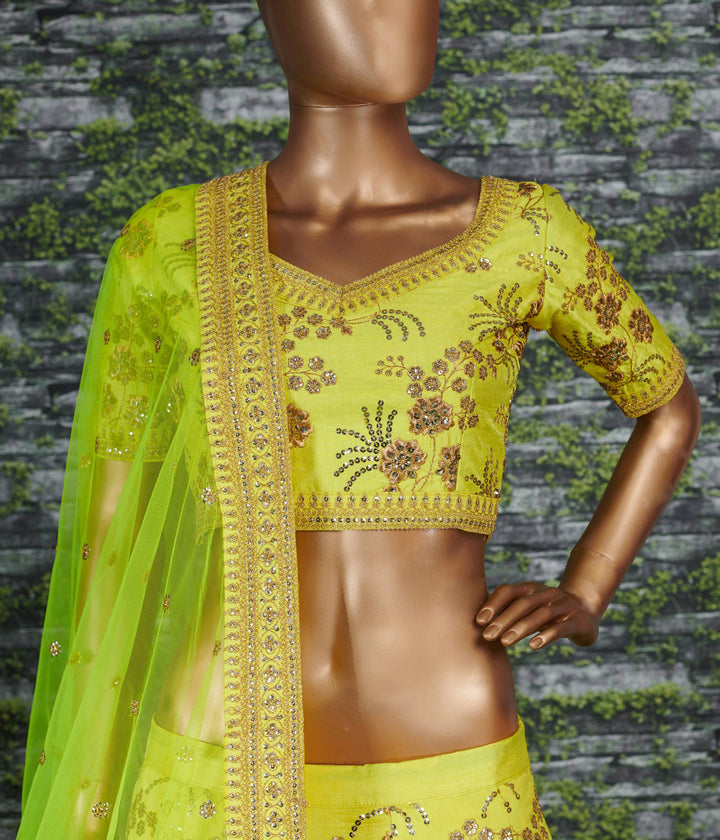 Neon-Green Color Thai Silk With Zari And Sequins Embroiderey Work Lehenga Choli