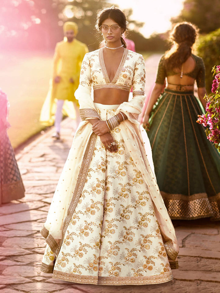 Off-White Color Thai Silk With Zari And Sequins Embroiderey Work Lehenga Choli