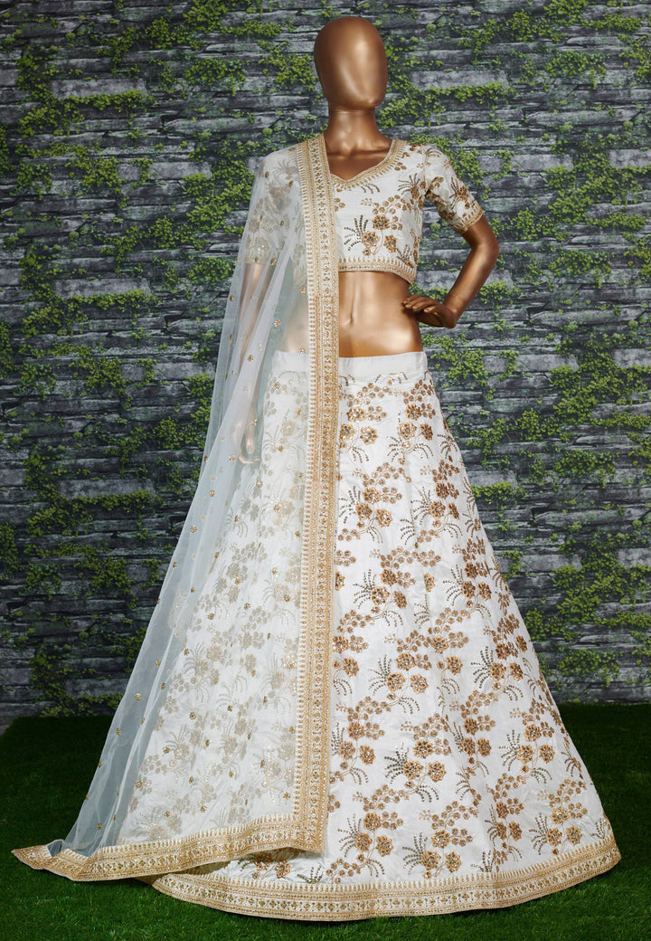 Off-White Color Thai Silk With Zari And Sequins Embroiderey Work Lehenga Choli