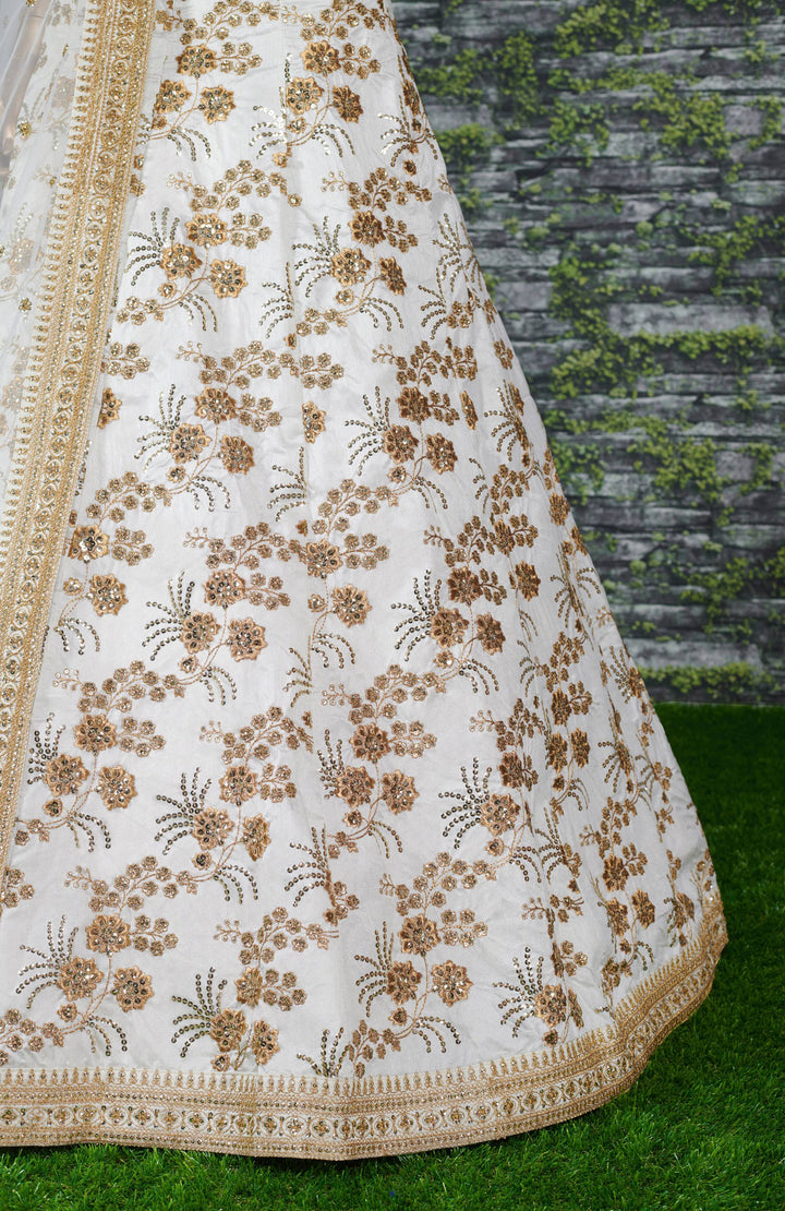 Off-White Color Thai Silk With Zari And Sequins Embroiderey Work Lehenga Choli