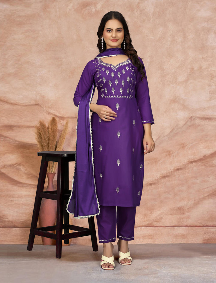 Purple Color Cotton Blend Embroidery Kurti with Pant And Dupatta Sets