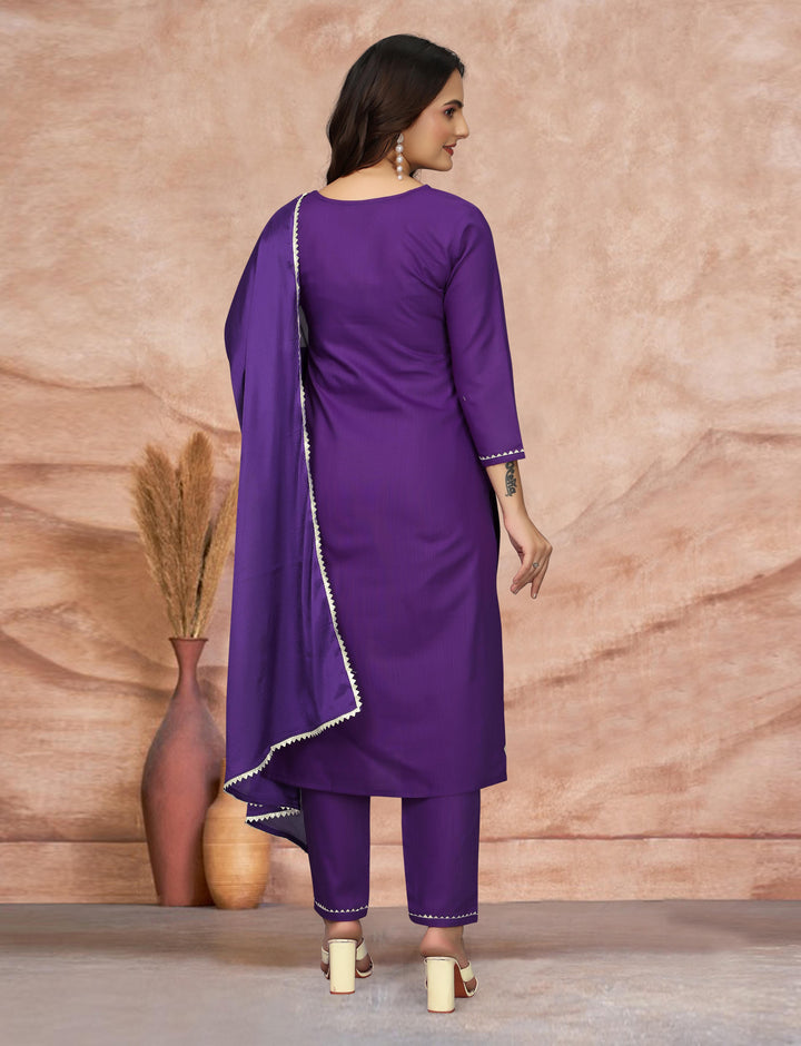 Purple Color Cotton Blend Embroidery Kurti with Pant And Dupatta Sets