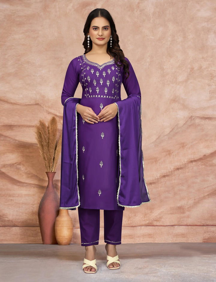 Purple Color Cotton Blend Embroidery Kurti with Pant And Dupatta Sets