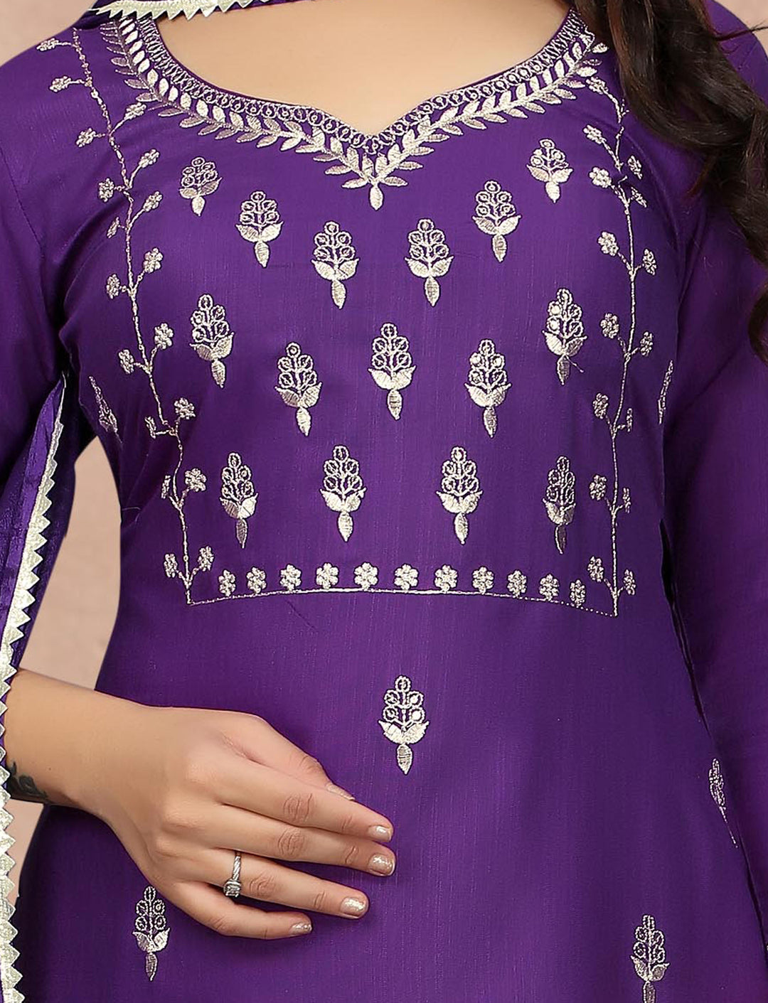 Purple Color Cotton Blend Embroidery Kurti with Pant And Dupatta Sets
