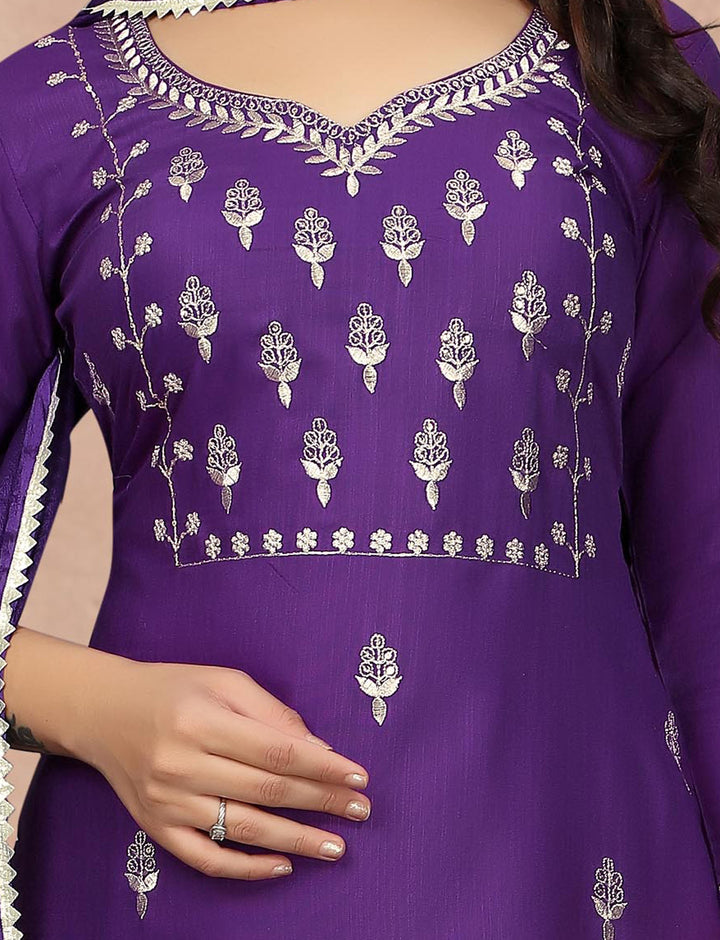 Purple Color Cotton Blend Embroidery Kurti with Pant And Dupatta Sets