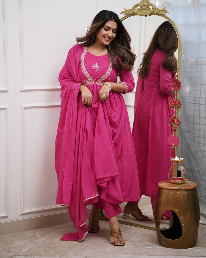 Pink Color Muslin Cotton Embroidery Kurti with Pant And Dupatta Sets