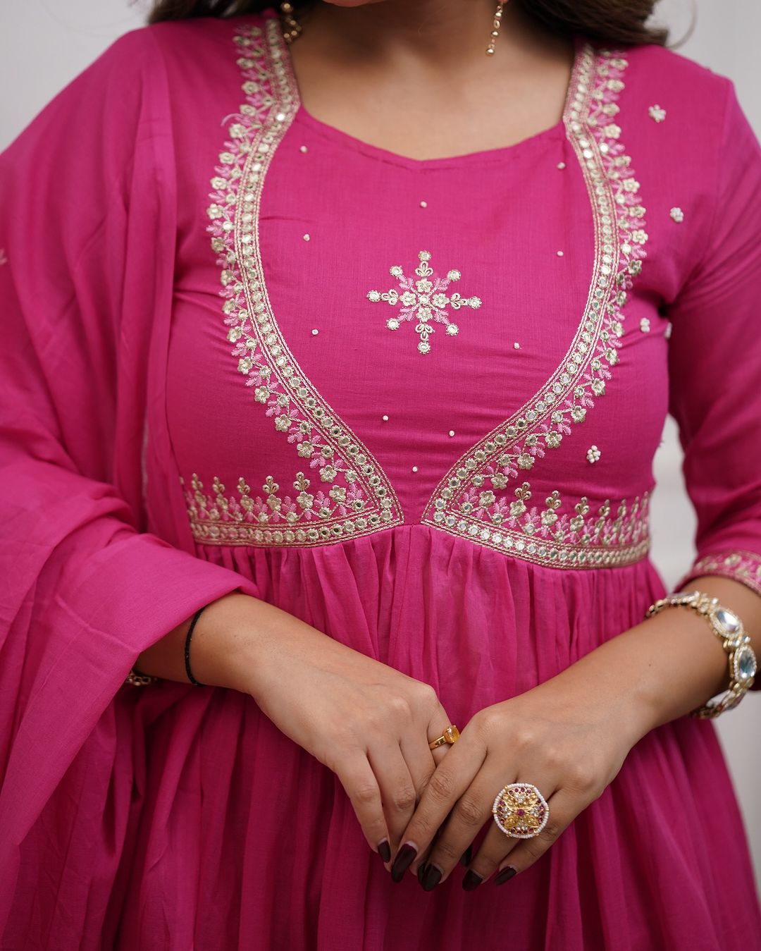 Pink Color Muslin Cotton Embroidery Kurti with Pant And Dupatta Sets
