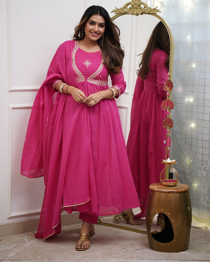 Pink Color Muslin Cotton Embroidery Kurti with Pant And Dupatta Sets
