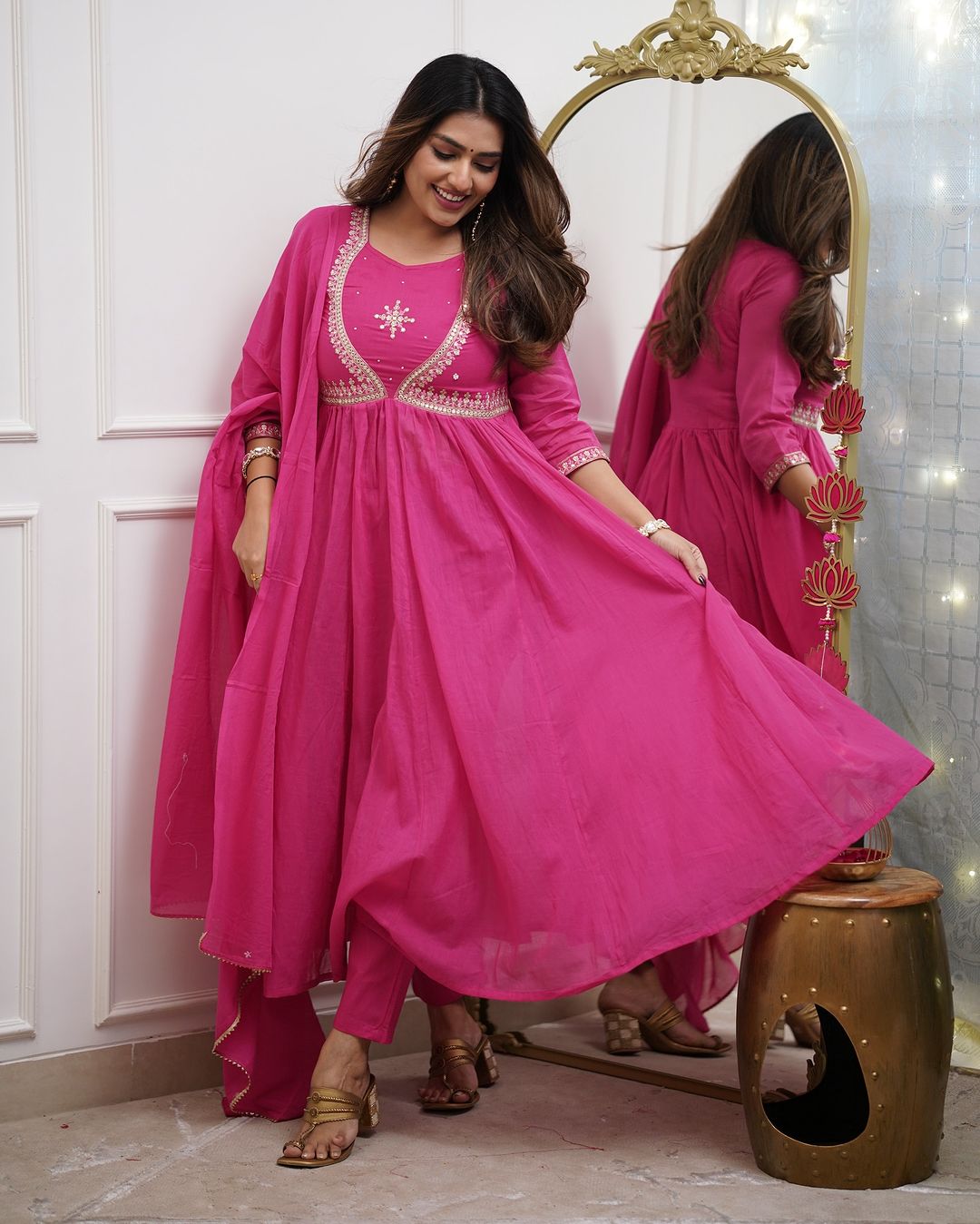 Pink Color Muslin Cotton Embroidery Kurti with Pant And Dupatta Sets