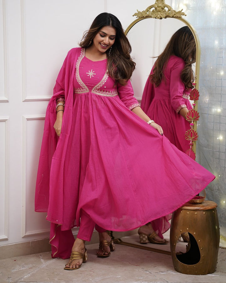 Pink Color Muslin Cotton Embroidery Kurti with Pant And Dupatta Sets